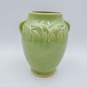 McCoy Pottery Green Leaf Embossed Handled Urn Vase 1940s Early Pastels 8.5 Inch